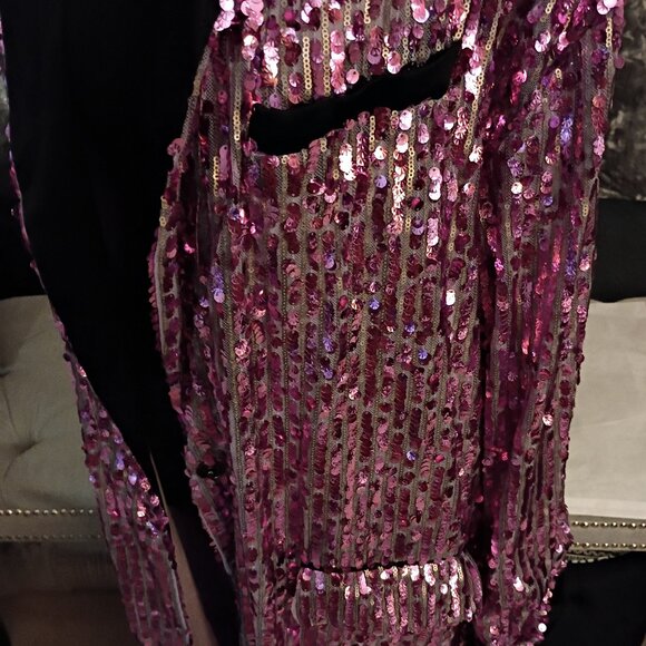FREE PEOPLE PURPLE LILAC PINK SEQUIN w/BLACK SATIN TRIM DUSTER/COAT SZ L  NWT - Picture 4 of 10